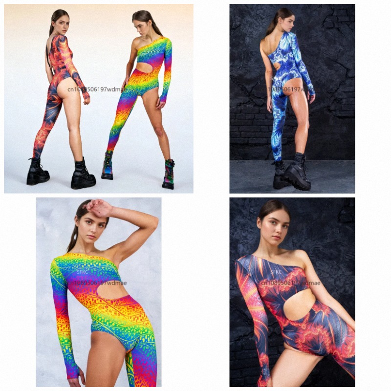 Yoga Fitness Music - Damen Musikfestival One-Shoulder-Jumpsuit mit Cut-Outs, Batik-Regenbogen-Print,